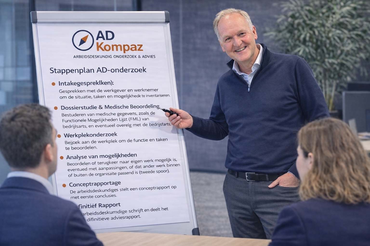 Uitleg stappenplan arbeidsdeskundig onderzoek (ADO) op flipover